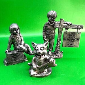 VTG Michael Ricker Pewter Figure Mini Sculpture Lot of 3 Signed 1980s Cat Kids